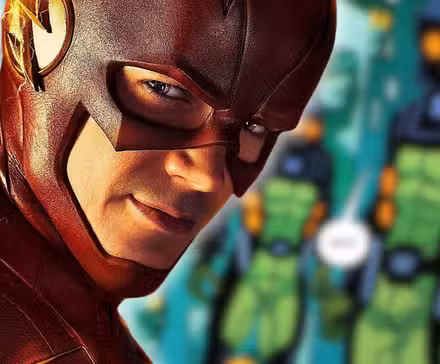 El Flash del Arrowverse con el maestro Absolute Mirror borroso en el fondo