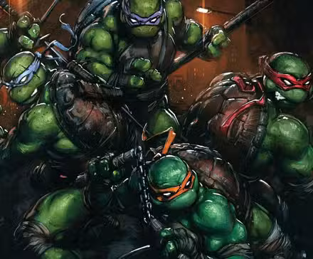 Las Tortugas Ninja mutantes adolescentes están en poses de lucha sosteniendo sus armas ninja.