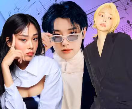 Un collage de los artistas de KR&B BIBI, WOODZ y Heize sobre un fondo azul y morado con partituras.