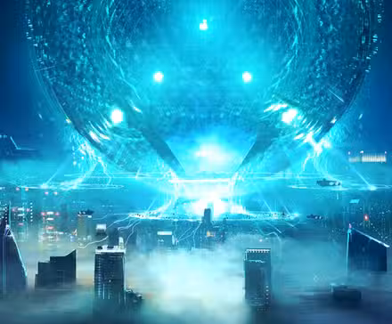 Distracted Globe/Neonoir de Red Player One que muestra la ciudad cyberpunk