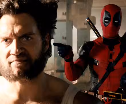 Imagen dividida de Cavillrine frunciendo el ceño con Deadpool apuntándolo en Deadpool & Wolverine