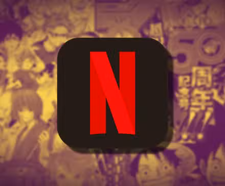 El logotipo de Netflix con una sombra detrás, flotando sobre una portada que representa una amplia variedad de personajes de Shonen Jump.