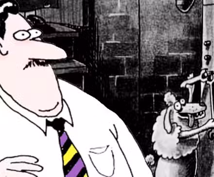 El hombre de Far Side parece sorprendido (primer plano) mientras un caniche construye un robot asesino (fondo)