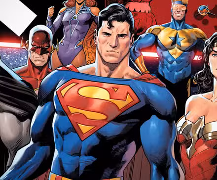 Superman, Wonder Woman y Batman en la Liga de la Justicia, todo en arte