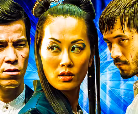 Andrew Koji como Ah Sahm, Jason Tobin como Young Jun y Olivia Cheng como Ah Toy de Warrior de HBO (2019)
