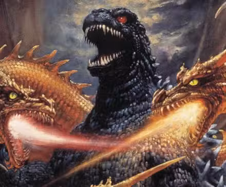 Godzilla rugiendo con dos de las cabezas de Ghidorah sobre su hombro, disparando rayos.