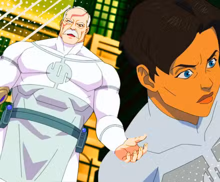 Conquest de pie con los brazos extendidos y Anissa mirando al frente en Invencible