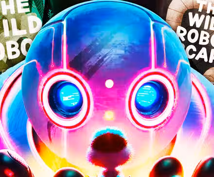 Roz sostiene a Brightbill en la palma de su mano mientras él la imprime. Están editados sobre las portadas de los libros The Wild Robot y The Wild Robot Escapes de Peter Brown.