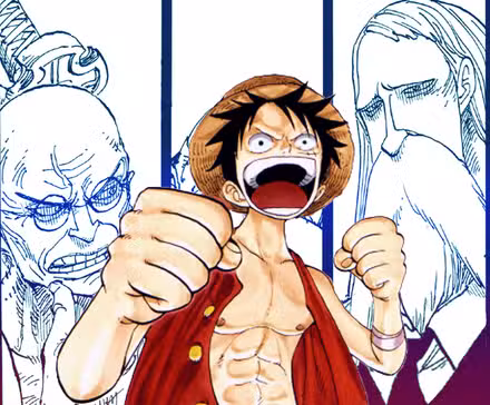 Luffy con los puños en alto, listo para pelear con los cinco ancianos al fondo en una sola pieza.