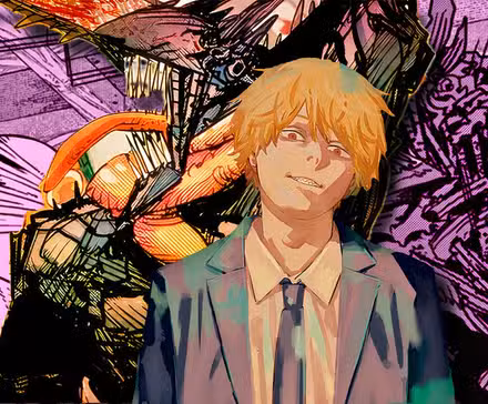 Denji y Pochita frente a un panel que presenta a Aging Devil del Capítulo 187 de Chainsaw Man.