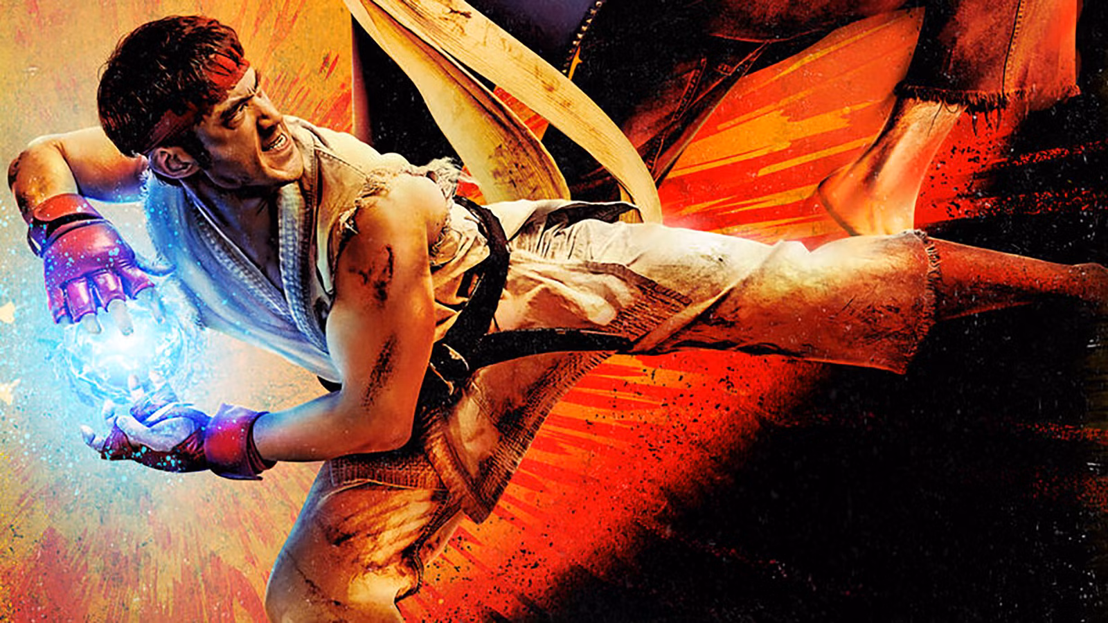 Ryu de Andrew Koji enciende su bola de fuego Hadoken en el póster de Street Fighter