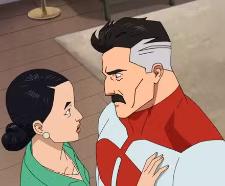 Debbie y Omni-Man se miran mientras hablan en la temporada 1 de Invincible.