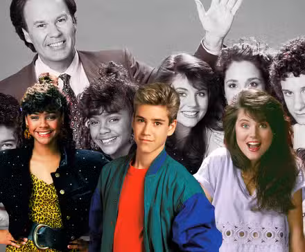 El elenco de Saved By The Bell en escala de grises detrás de imágenes en color de Lisa, Zack y Kelly