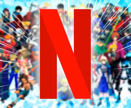Logotipo de Netflix con un collage borroso de personajes de anime de fondo.