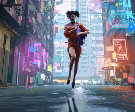 La niña corriendo por una calle mojada llena de carteles y luces en el episodio Amor, Muerte y Robots, The Witness.