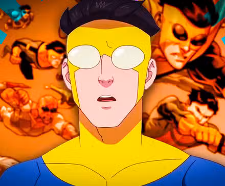 Mark parece sorprendido en la temporada 3 de Invincible (2025) encima de una imagen de los cómics de Invincible del malvado Mark volando hacia la Tierra.