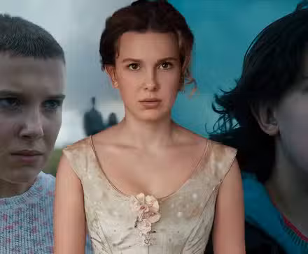 Collage de Millie Bobby Brown en Godzilla, Stranger Things y Enola Holmes