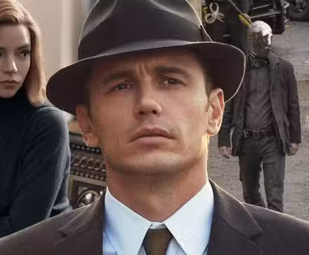 Collage de Beth sentada en The Queens Gambit, Jake Epping mirando el 22.11.63 y dos vigilantes enmascarados en Watchmen.