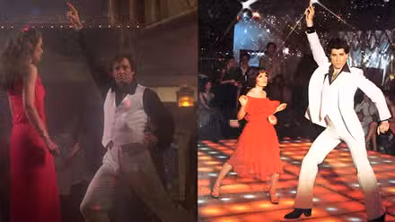 Imagen dividida de Ted y Elaine en Avión y John Travolta en Fiebre del sábado noche