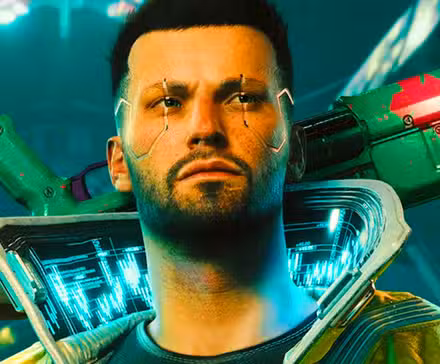 Cyberpunk 2077 V con una pistola al hombro.
