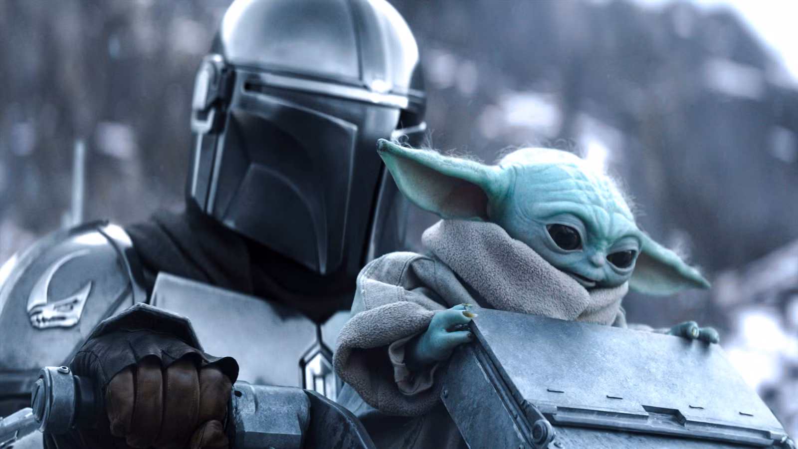 Mando y Grogu de Pedro Pascal viajan en un AT-RT en The Mandalorian and Grogu