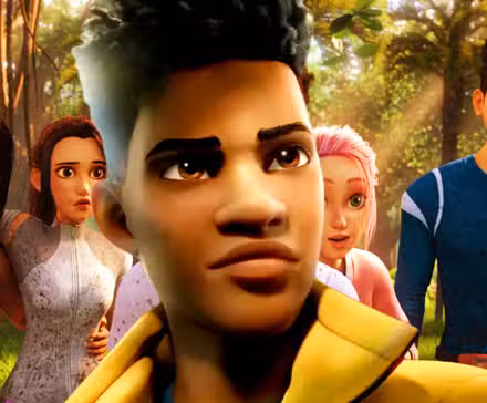 Los niños de Jurassic World: Camp Cretaceous al fondo y Darius de Jurassic World: Chaos Theory en primer plano.