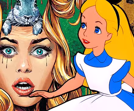 Alicia en el país de las maravillas con una versión infantil de dibujos animados y una versión para adultos al fondo