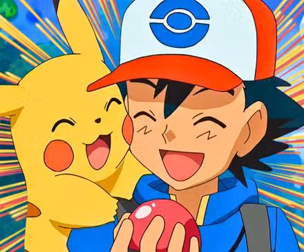 Ash con pikachu en el hombro rodeado de líneas de acción.