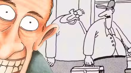 Un hombre sonriente en Far Side (izquierda, primer plano) y un hombre con el cuello doblado y un reparador de televisores (al fondo, derecha)
