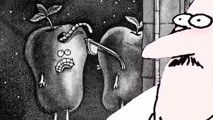 The Far Side, hombre con los ojos muy abiertos (derecha, color) y una manzana con un gusano en la cabeza (blanco y negro, izquierda)