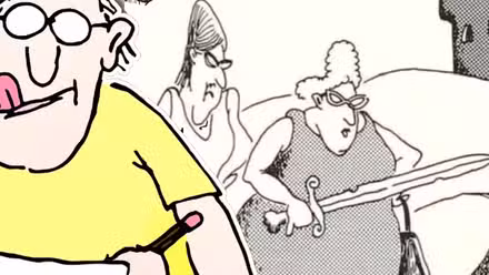 Far Side hombre con camisa amarilla (primer plano) mujer sosteniendo una espada (fondo).