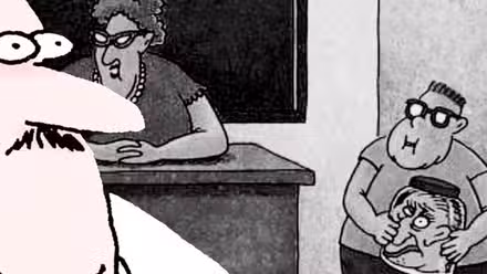 Far Side, hombre escéptico (izquierda, primer plano); un niño trae una cabeza en un frasco a clase (al fondo).