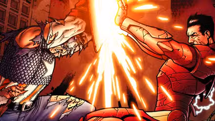 Arte del cómic: el Capitán América de Steve Rogers luchando contra Iron Man de Tony Stark en Civil War de Marvel Comics
