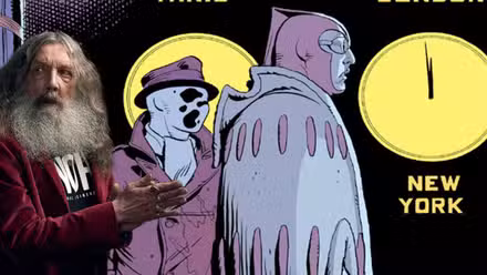 Imagen de portada: Alan Moore (izquierda) con sus creaciones Rorschach y Night Owl de Watchmen 