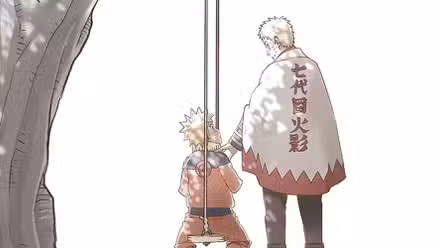 La imagen de la celebración del 20 aniversario de Naruto muestra a un Hokage Naruto adulto de pie junto a la versión más joven de sí mismo en el solitario columpio.