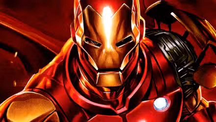 Los ojos de Tony Stark apenas son visibles debajo de su máscara de Iron Man en el arte rojo brillante de Marvel.