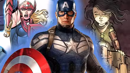 Un collage que muestra al Capitán América (Chris Evans) con dos de sus hijos a cada lado de él.