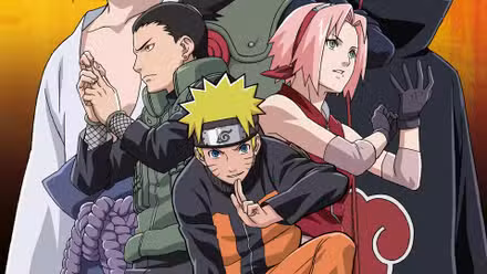 Naruto agachado y haciendo una señal con la mano con Shikamaru y Sakura a ambos lados de él.