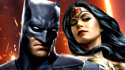 Batman y Wonder Woman de DC posan juntos sobre un fondo rojo brillante