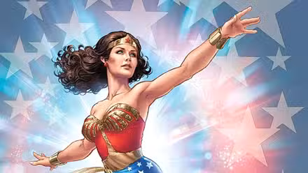 Versión cómica de Wonder Woman con estrellas de fondo. 