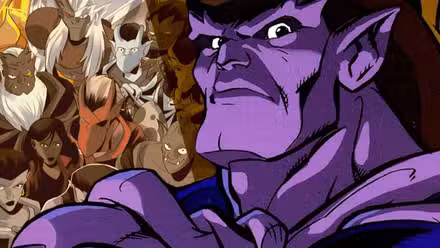 Una imagen compuesta de Goliat luciendo siniestro frente a un grupo de otras gárgolas de Gargoyles.