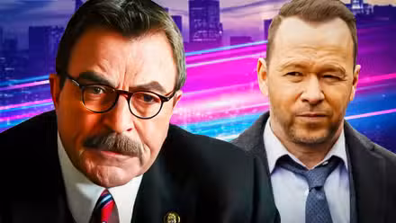 Imagen personalizada de Frank y Danny de Blue Bloods, con luces moradas y azules detrás de ellos.