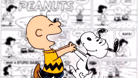 Charlie Brown y Snoopy bailando (primer plano) con una tira de Peanut al fondo