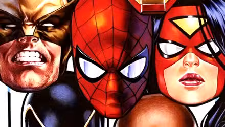 Las cabezas de Spider-Man, Wolverine y Spider-Woman flotan juntas en la portada del cómic The Avengers #5