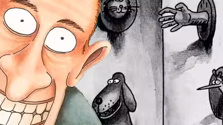 Hombre sonriente de Far Side (izquierda, primer plano, color) y un perro con una mano humana como trofeo (fondo, b/n)