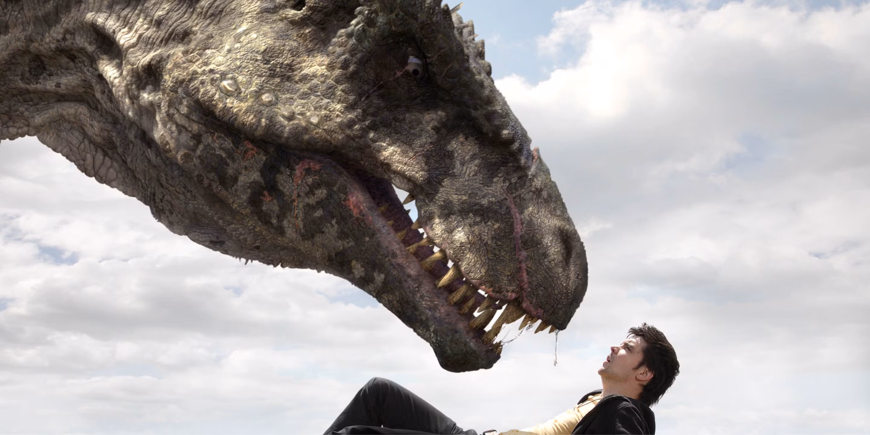 Un hombre mirando un T-Rex en Primeval