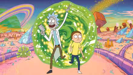 Rick Sanchez y Morty Smith caminando hacia un planeta alienígena a través de un portal verde