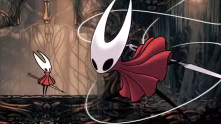 Hollow Knight: el personaje principal de Silksong viajando en un ascensor con una representación del personaje de Silksong