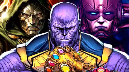 Thanos empuña el Infinity Gauntlet entre Doctor Doom y Galactus en Marvel Comics