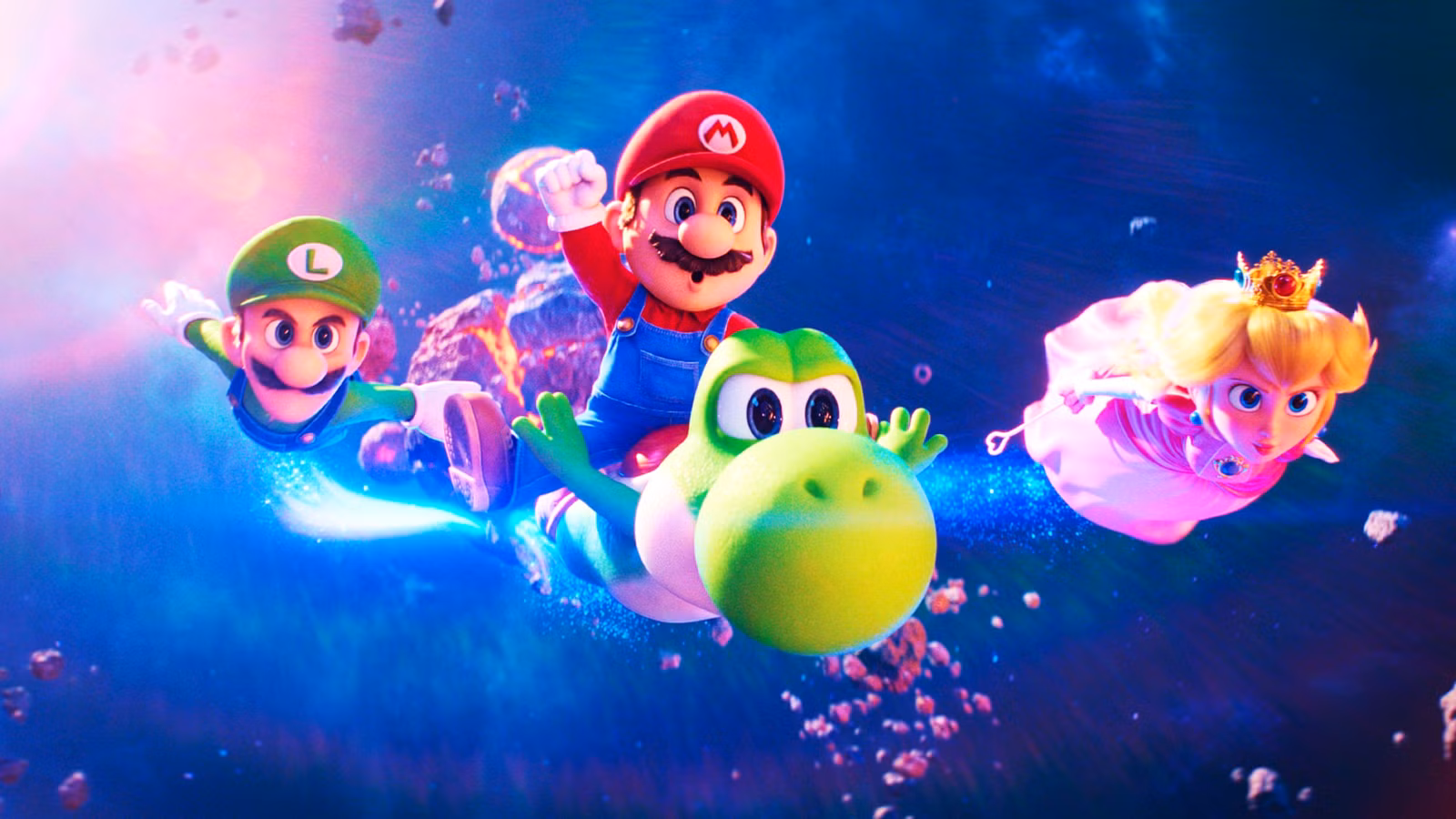 Luigi Mario Yoshi y la princesa Peach volando por el espacio en The Super Mario Galaxy Movie